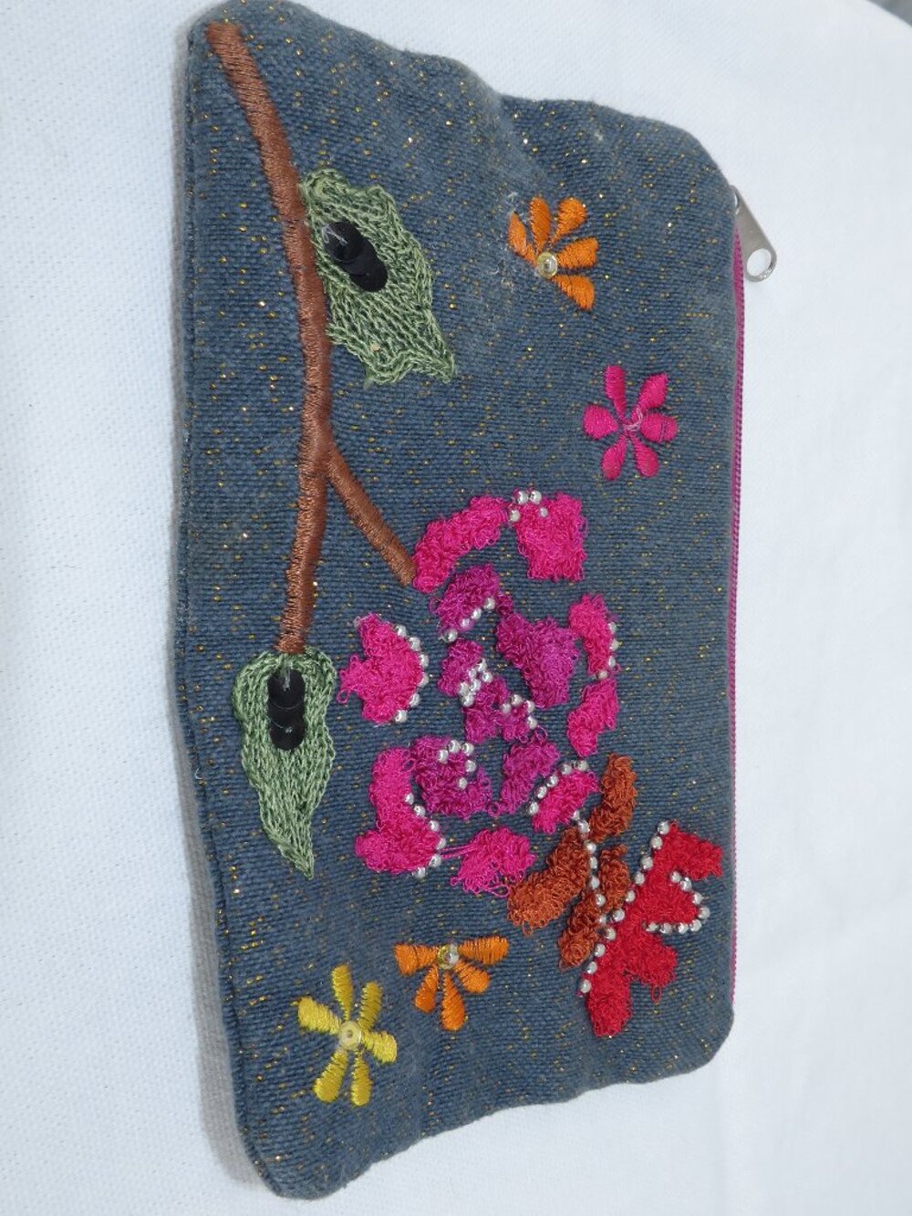 Gold Coast Vintage Floral Pouch Blue Denim Small Coin Purse Zipper Clutch 8x5
